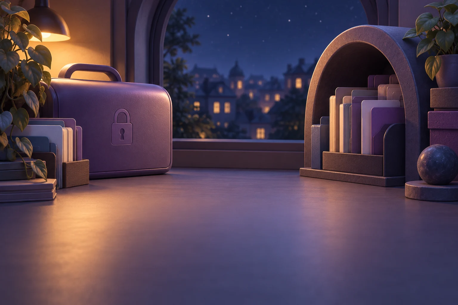 Illustrated archive nook with folders and a lock