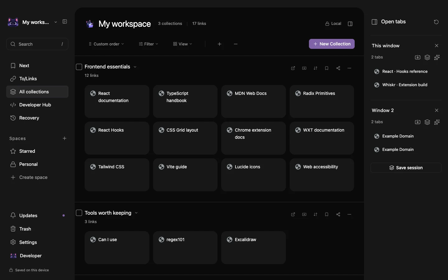 Actual Whiskrs new-tab workspace with developer bookmarks grouped into collections