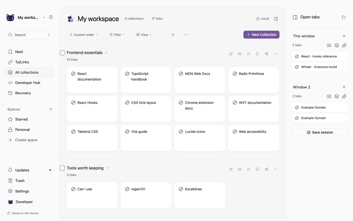 Actual Whiskrs new-tab workspace with developer bookmarks grouped into collections